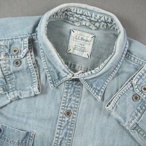 Vintage LL Bean Western Denim  Shirt Mens L Light Wash Cotton Long Sleeve